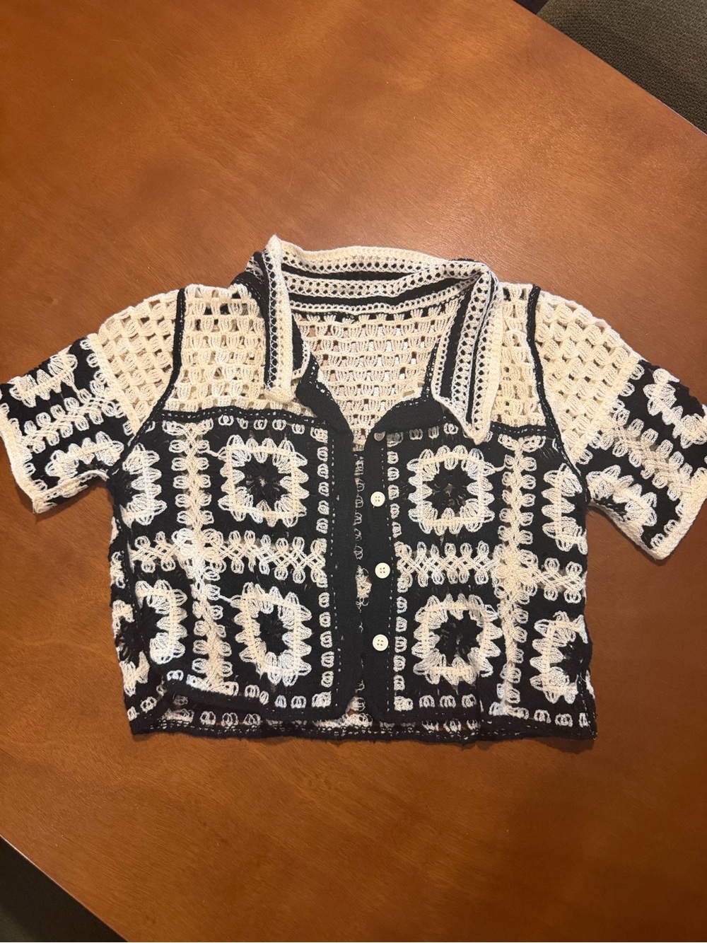 Crochet Button-Front Short Sleeve Top in Black and Cream